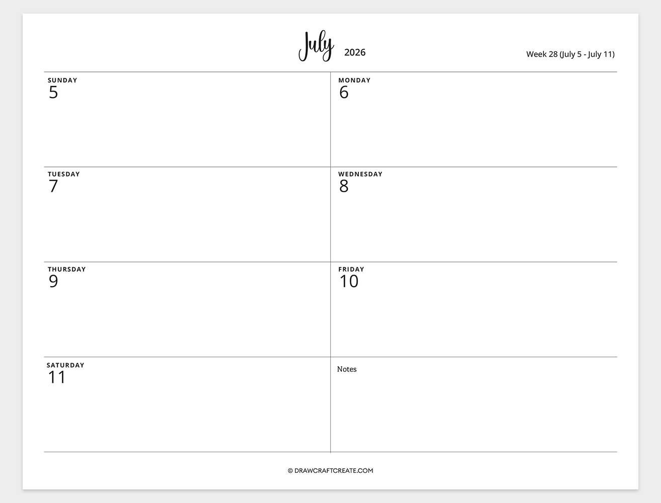 2026 weekly calendar week 28