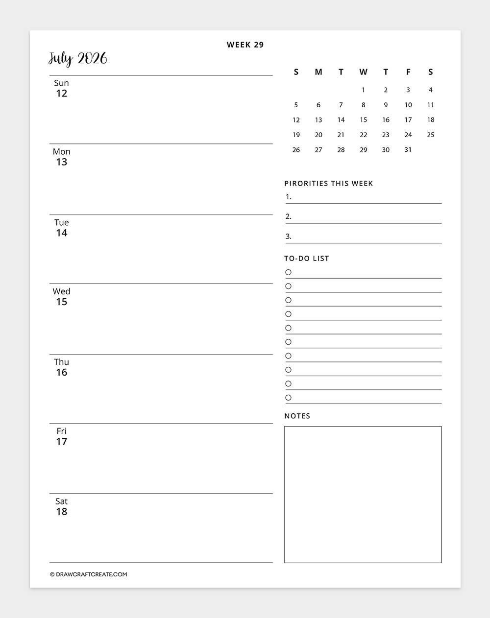 2026 weekly calendar week 29