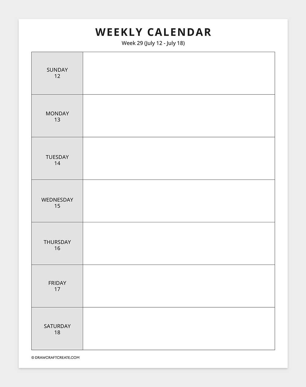 2026 weekly calendar week 29