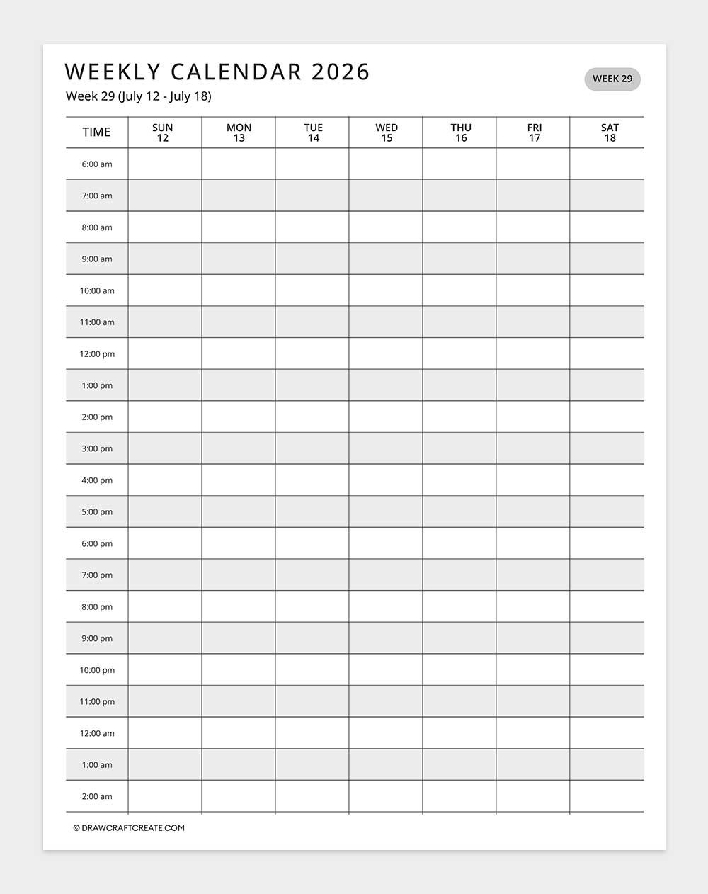 2026 weekly calendar week 29