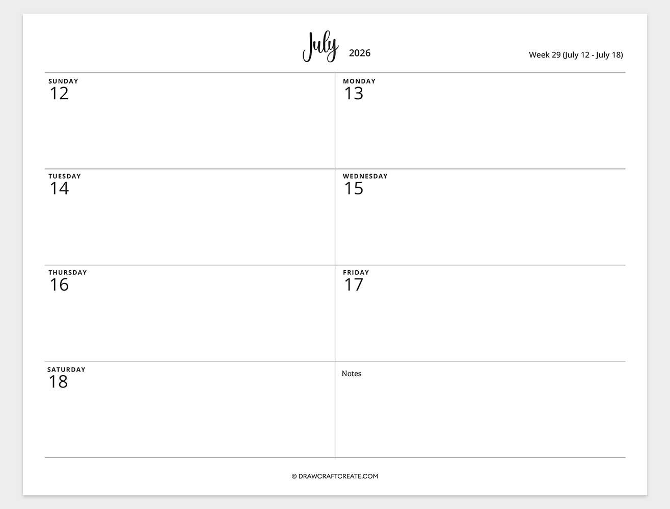 2026 weekly calendar week 29