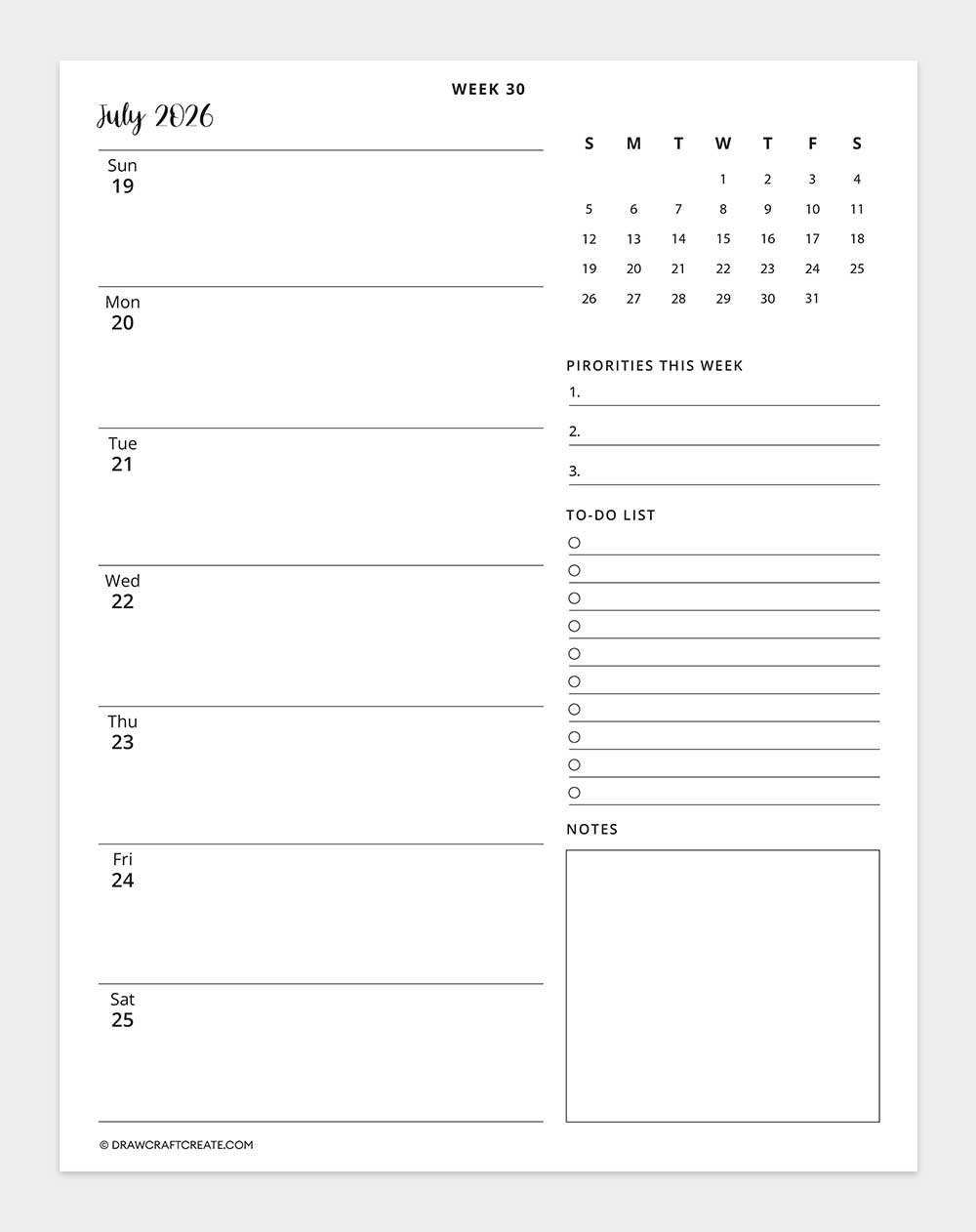 2026 weekly calendar week 30