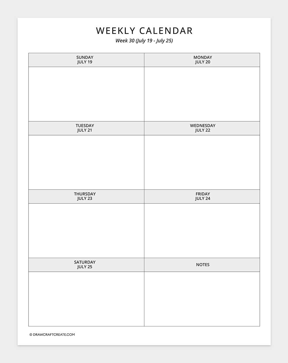 2026 weekly calendar week 30