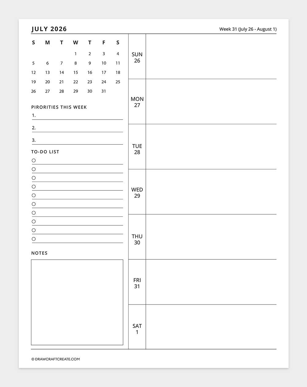 2026 weekly calendar week 31