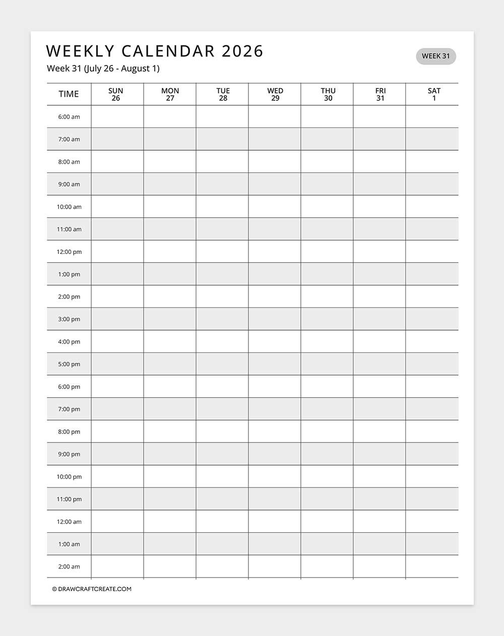 2026 weekly calendar week 31