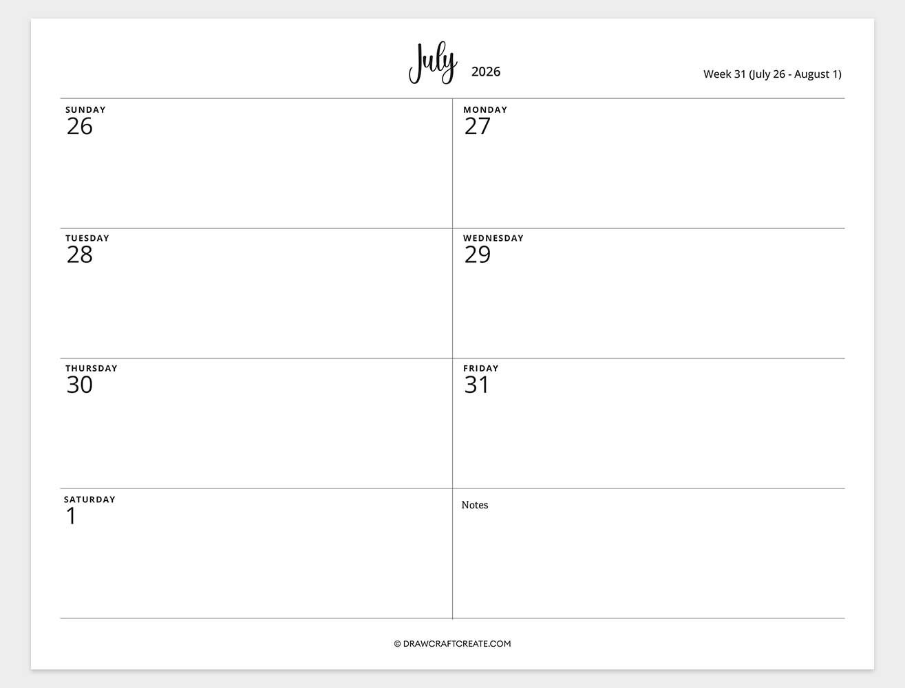 2026 weekly calendar week 31