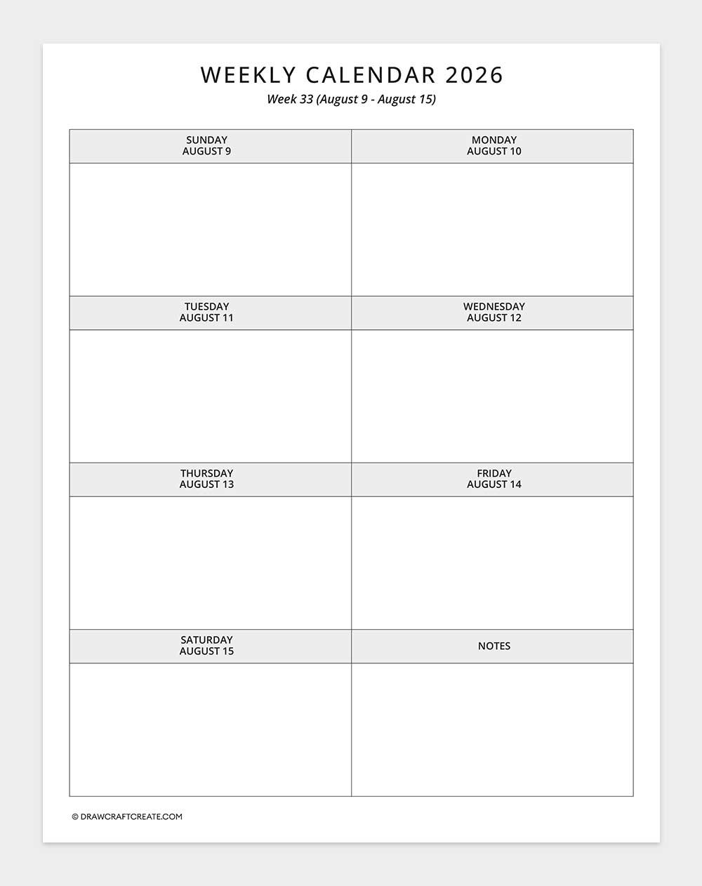 2026 weekly calendar week 33