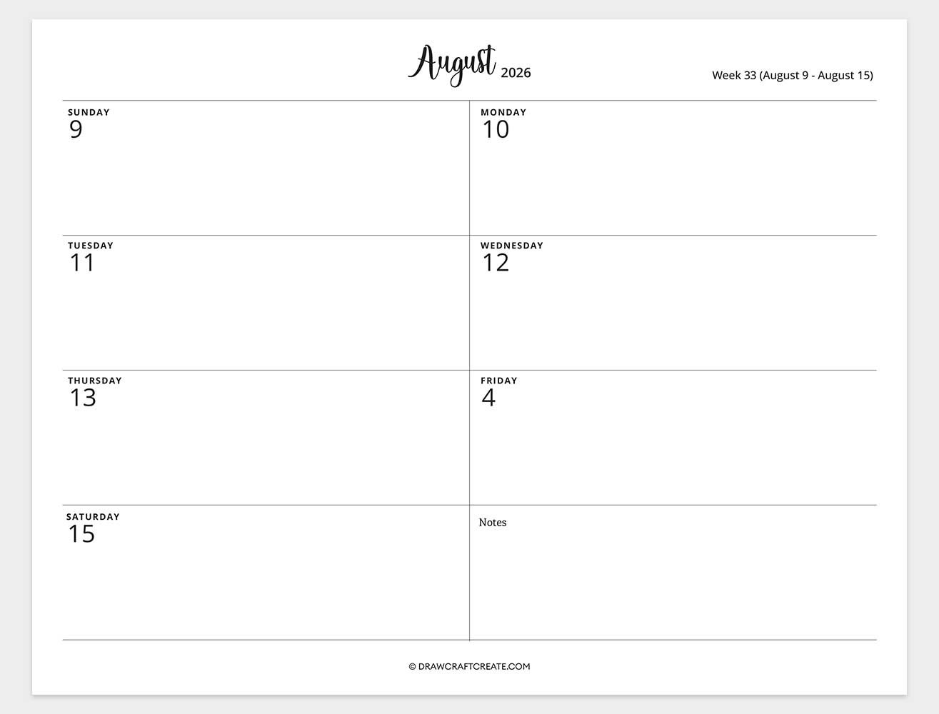2026 weekly calendar week 33