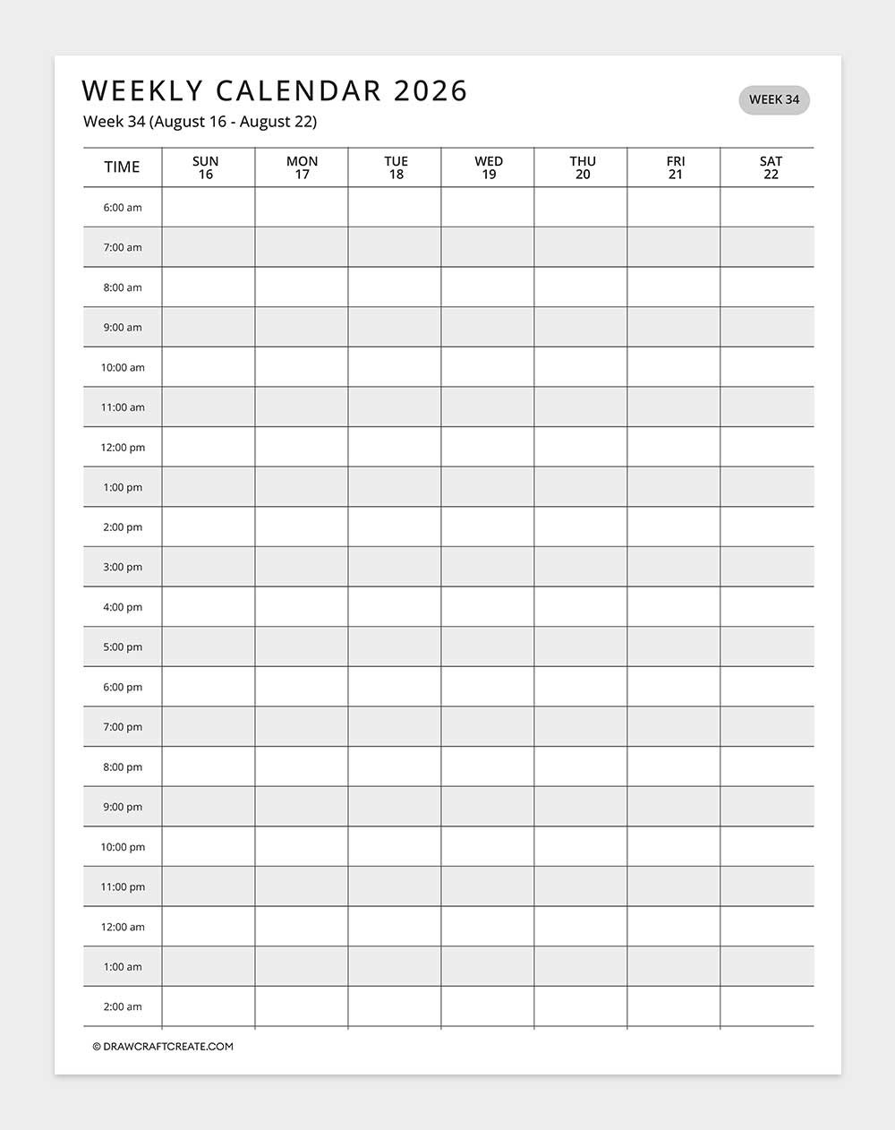 2026 weekly calendar week 34
