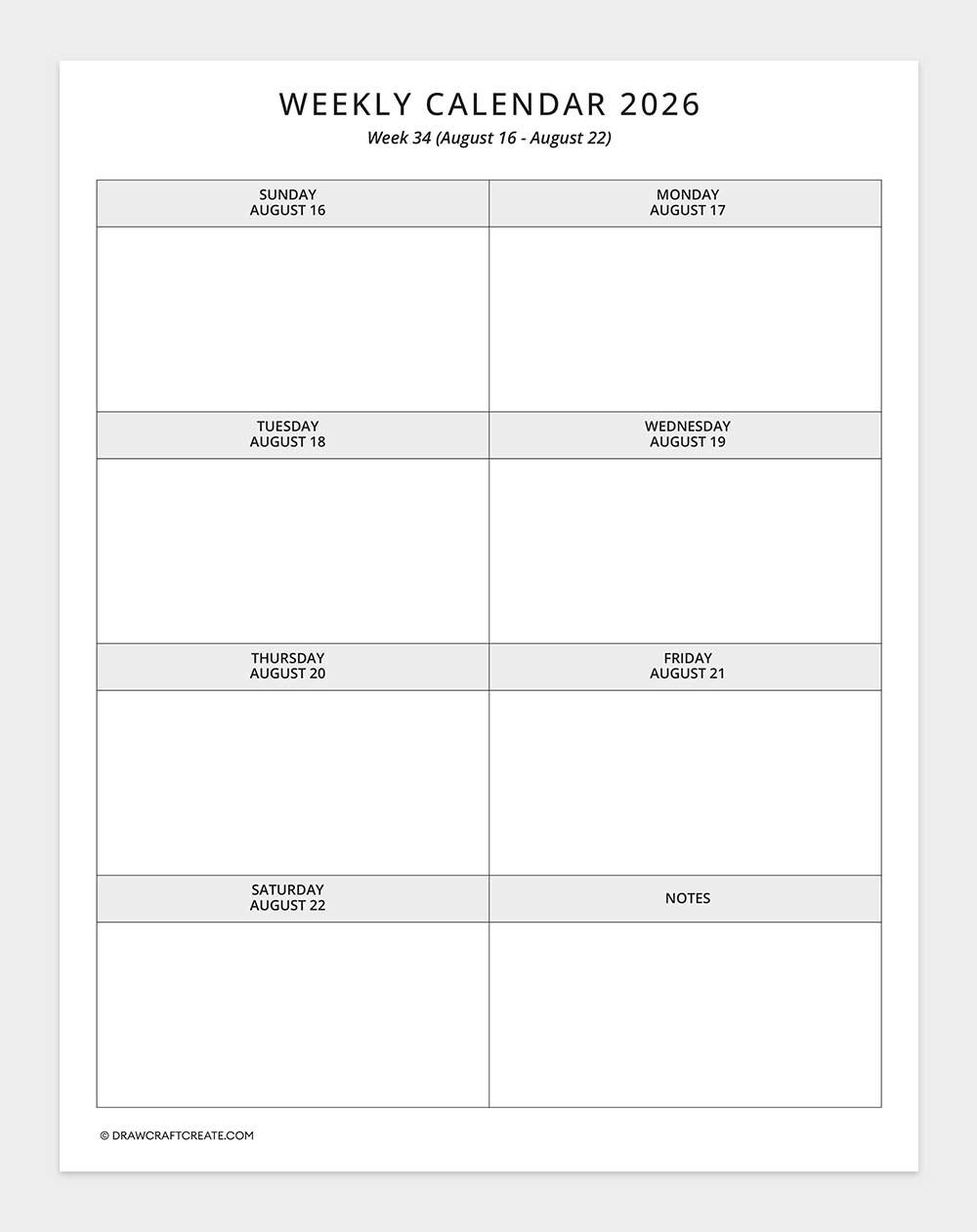 2026 weekly calendar week 34