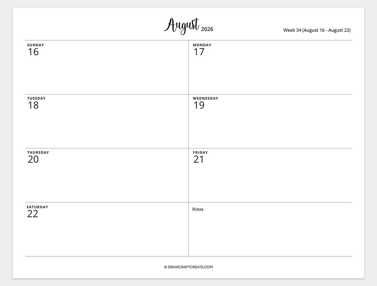 2026 weekly calendar week 34