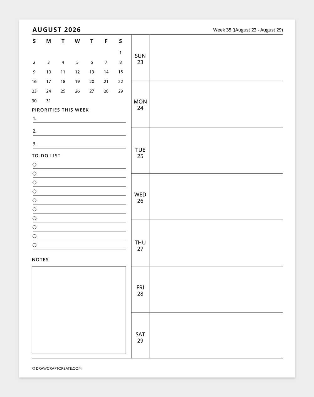 2026 weekly calendar week 35