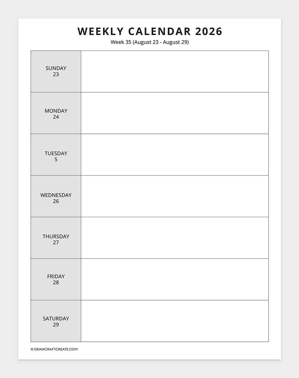 2026 weekly calendar week 35