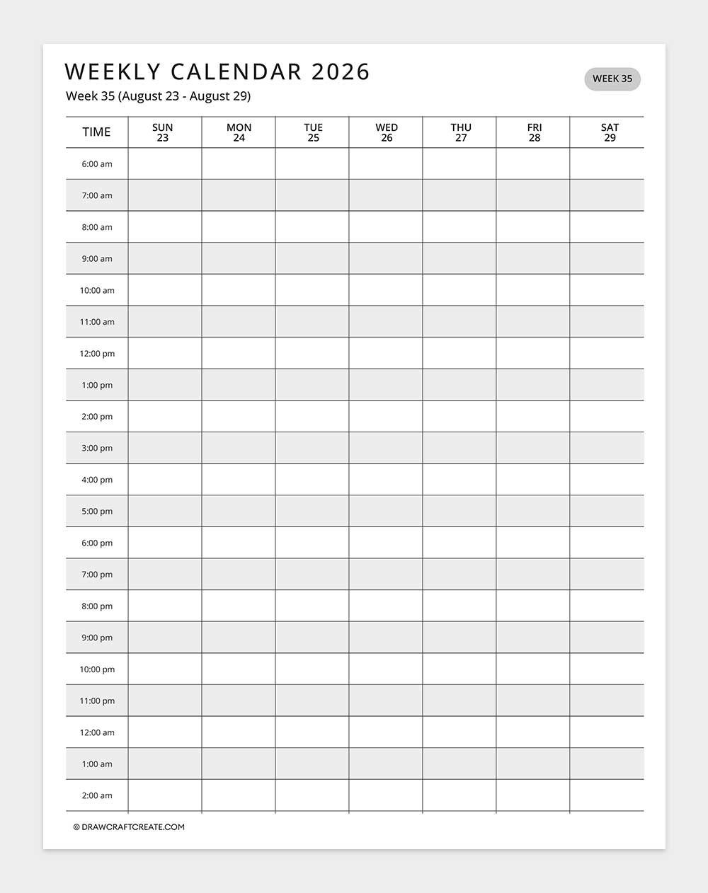 2026 weekly calendar week 35