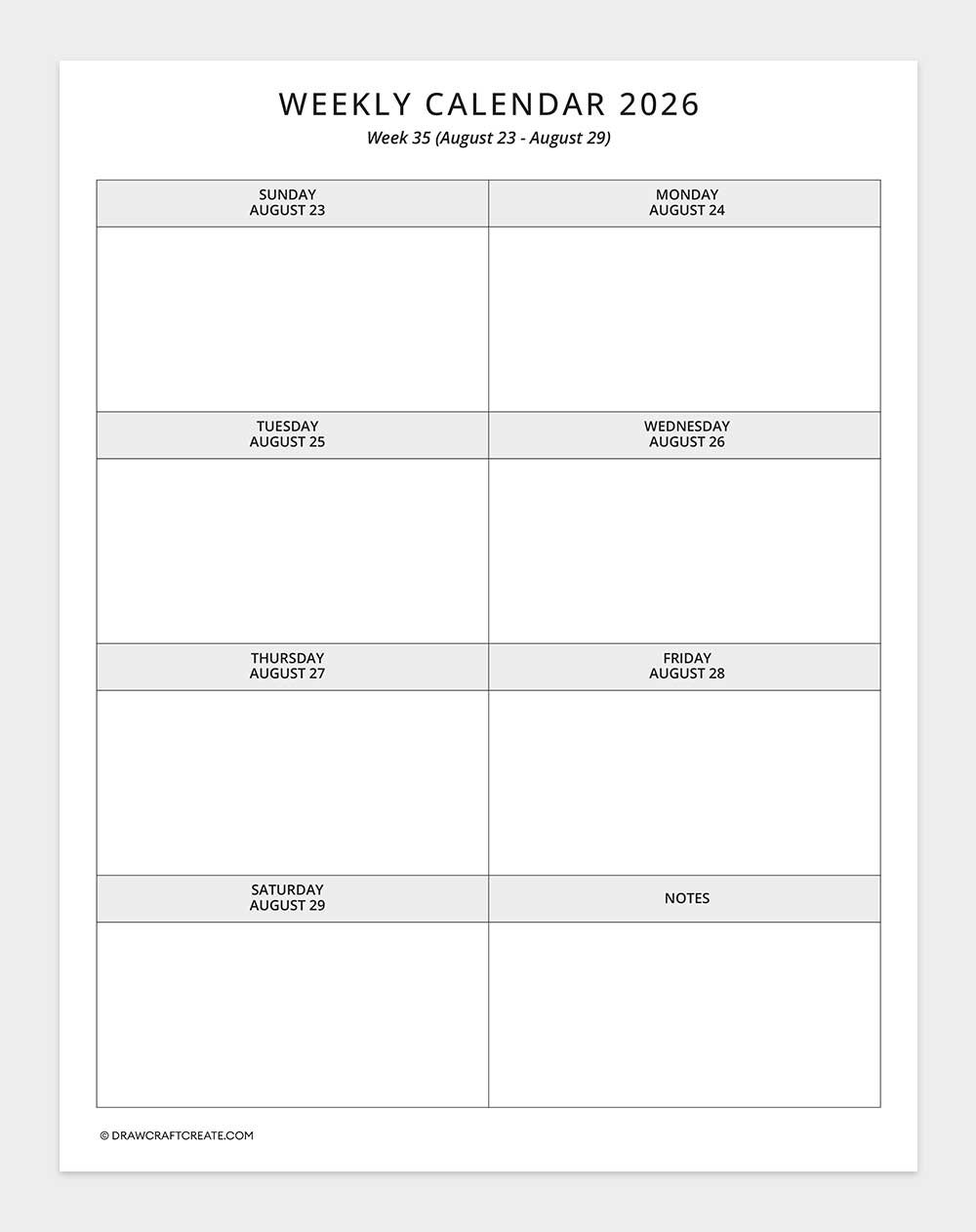 2026 weekly calendar week 35