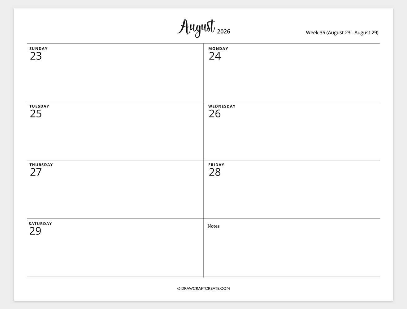 2026 weekly calendar week 35