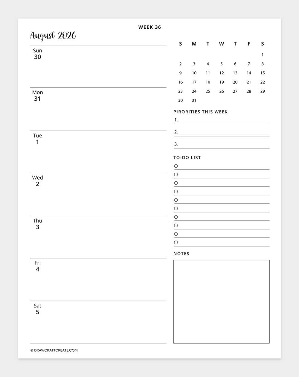 2026 weekly calendar week 36
