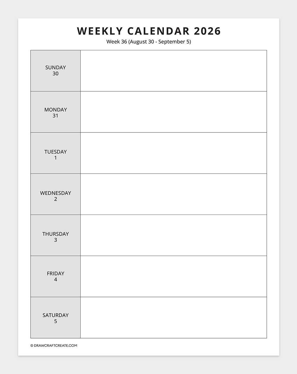 2026 weekly calendar week 36