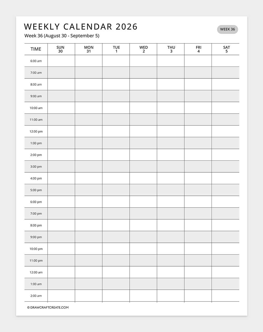 2026 weekly calendar week 36