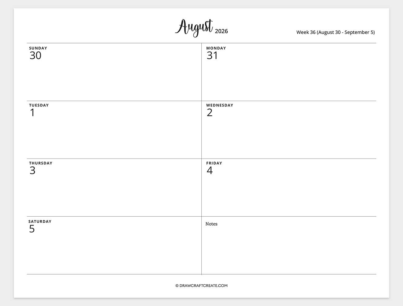 2026 weekly calendar week 36