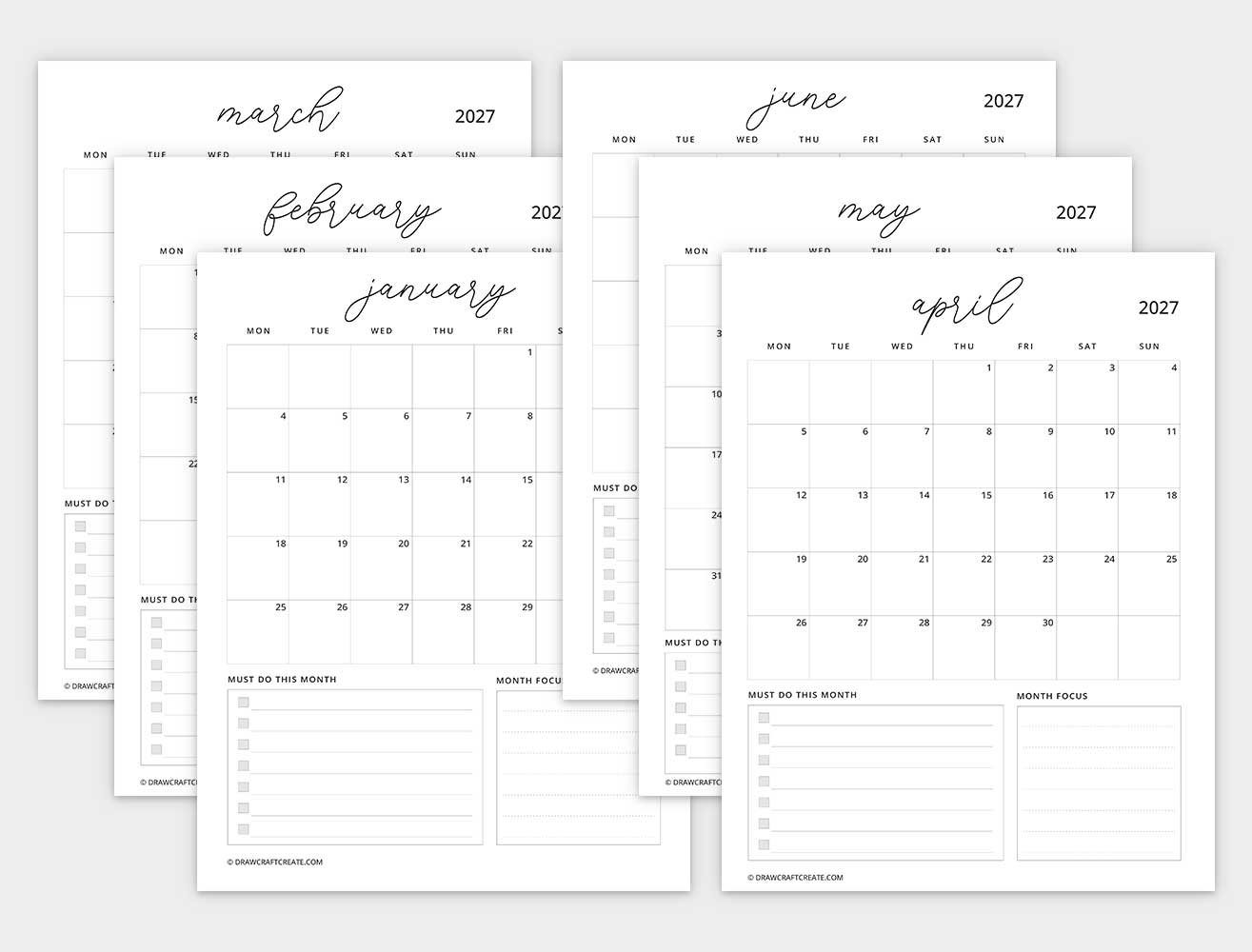 2027 calendar with note monday start