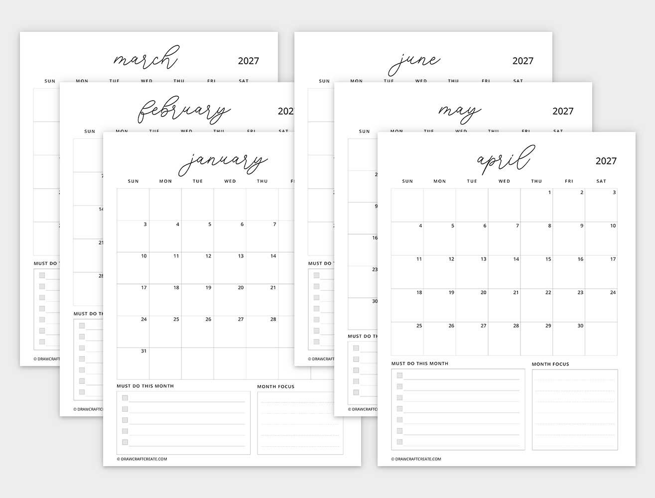 2027 calendar with note sunday start