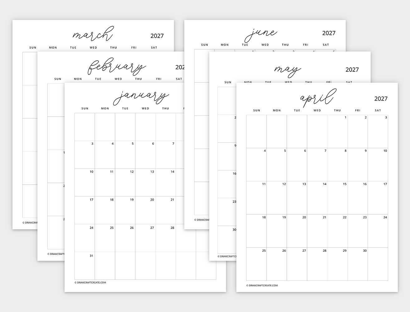 2027 calendar without note sunday start