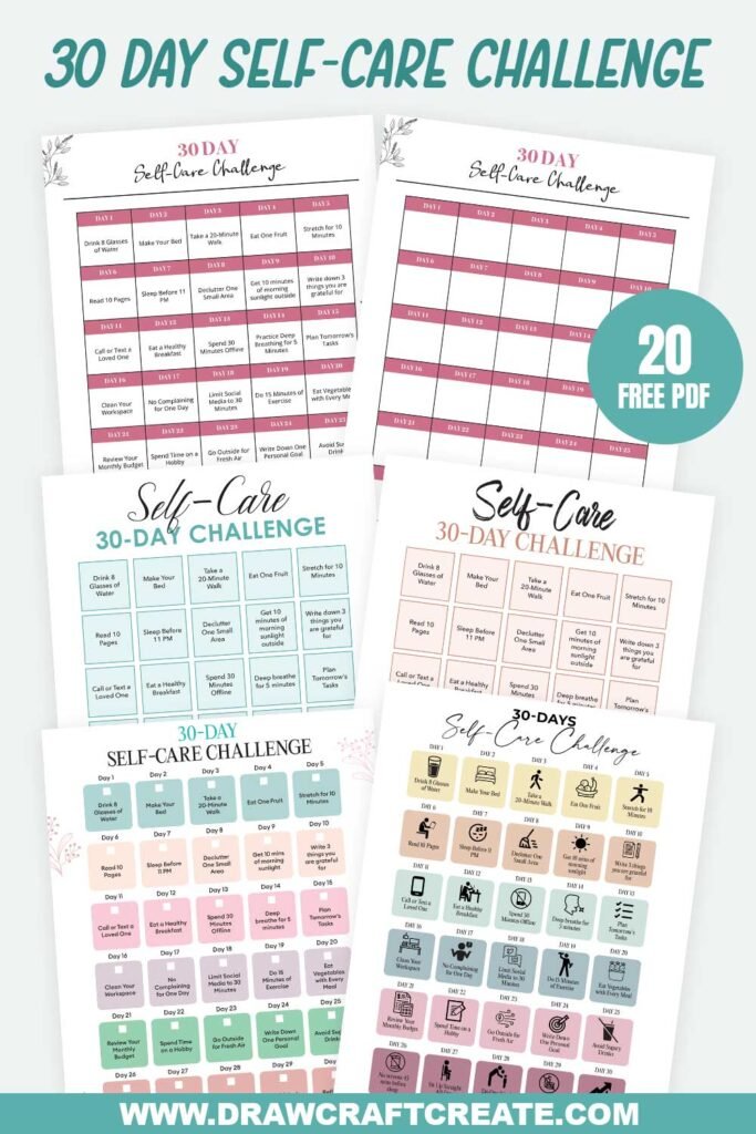 Free Printable 30 Day Self Care Challenge (20 Design) - Draw Craft Create