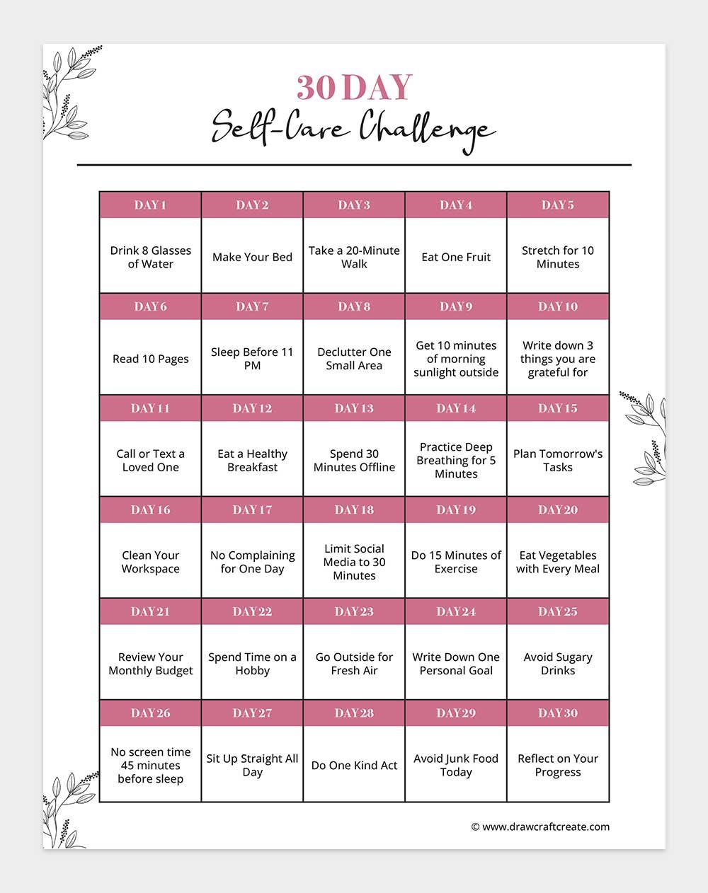 30 day self care challenge printable