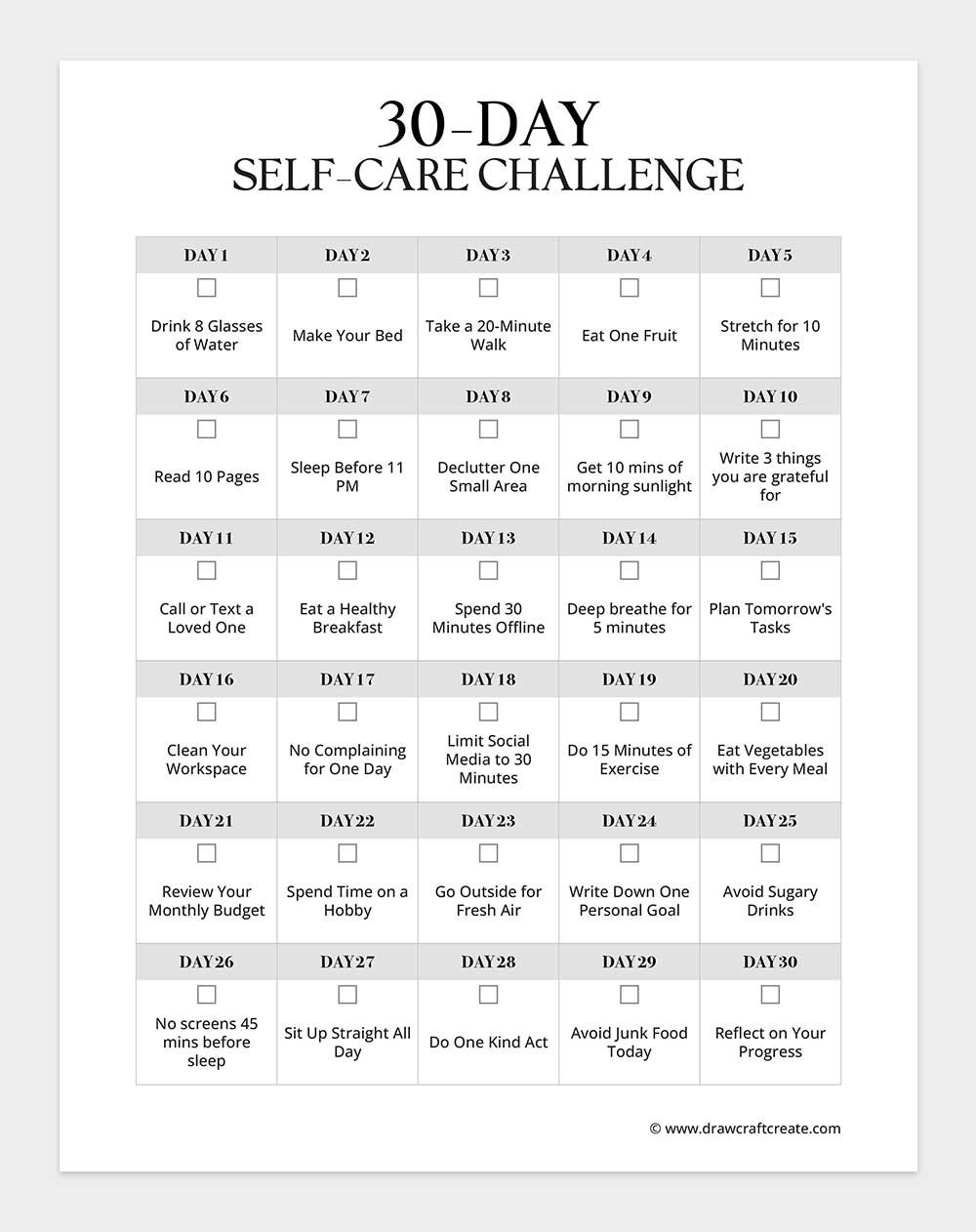30 day self care challenge printable