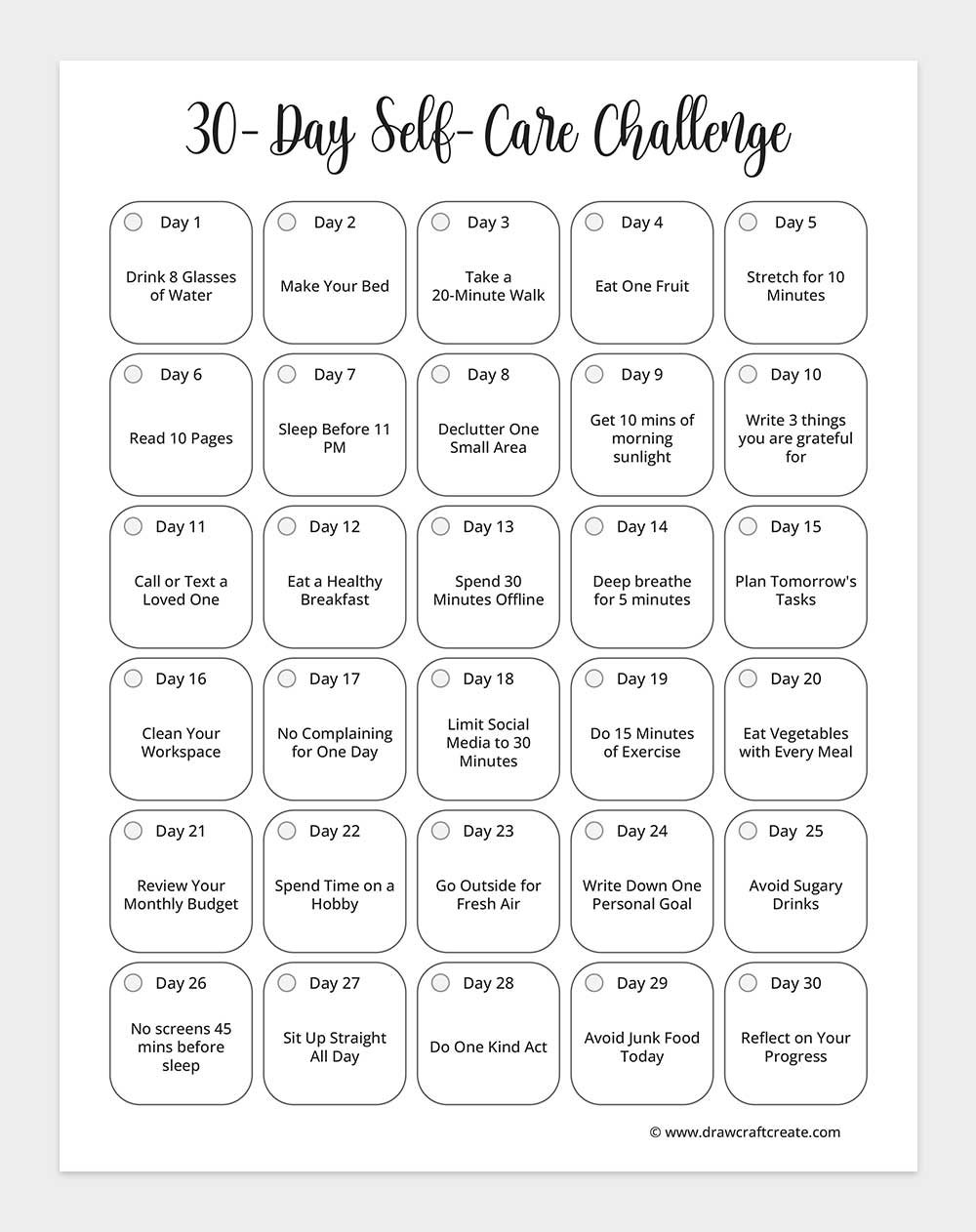30 day self care challenge printable