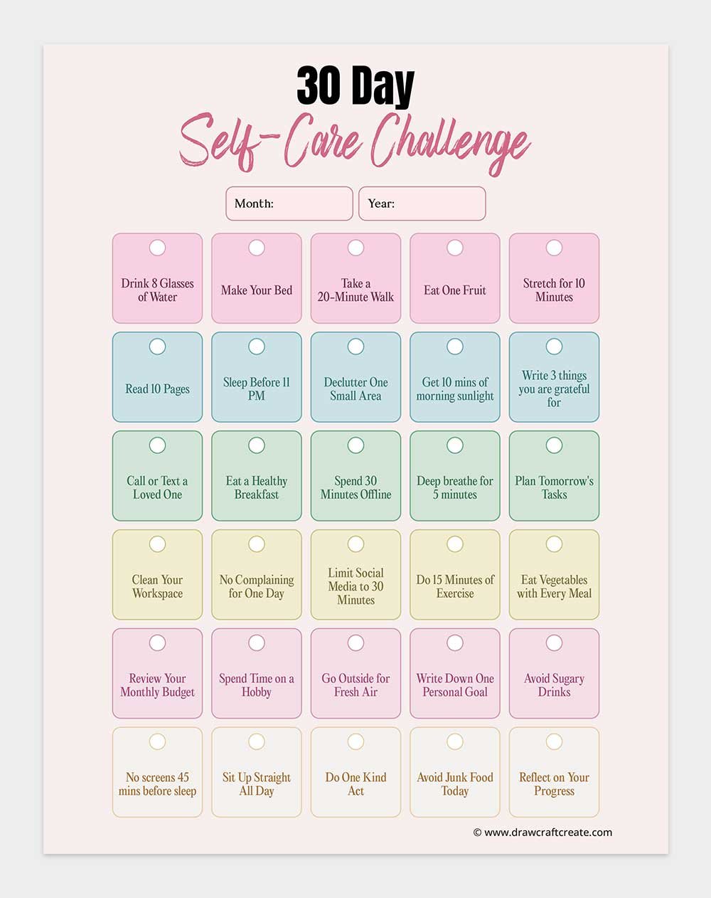 30 day self care challenge printable