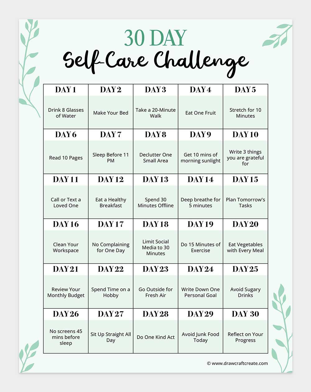 30 day self care challenge printable