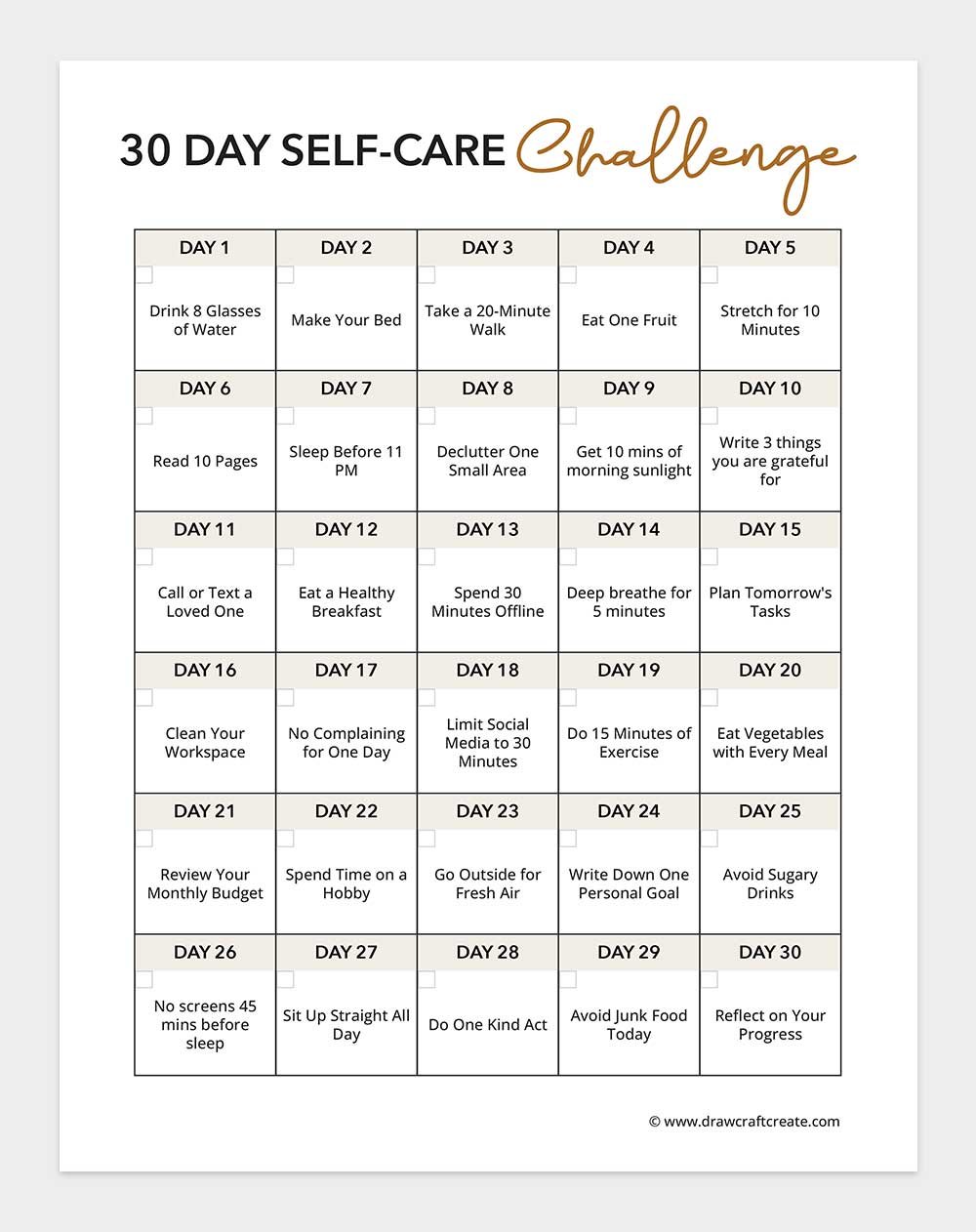 30 day self care challenge printable