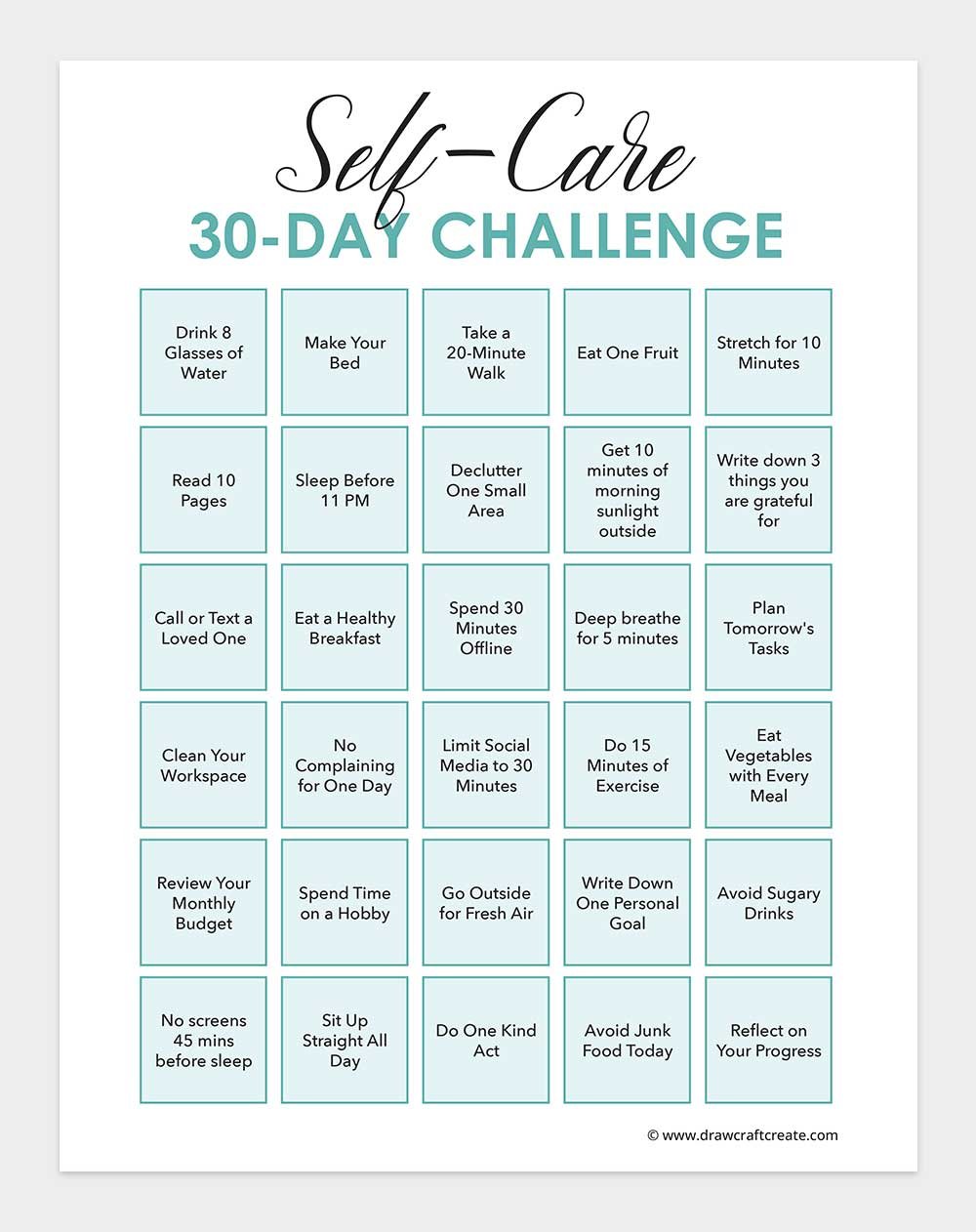 30 day self care challenge printable