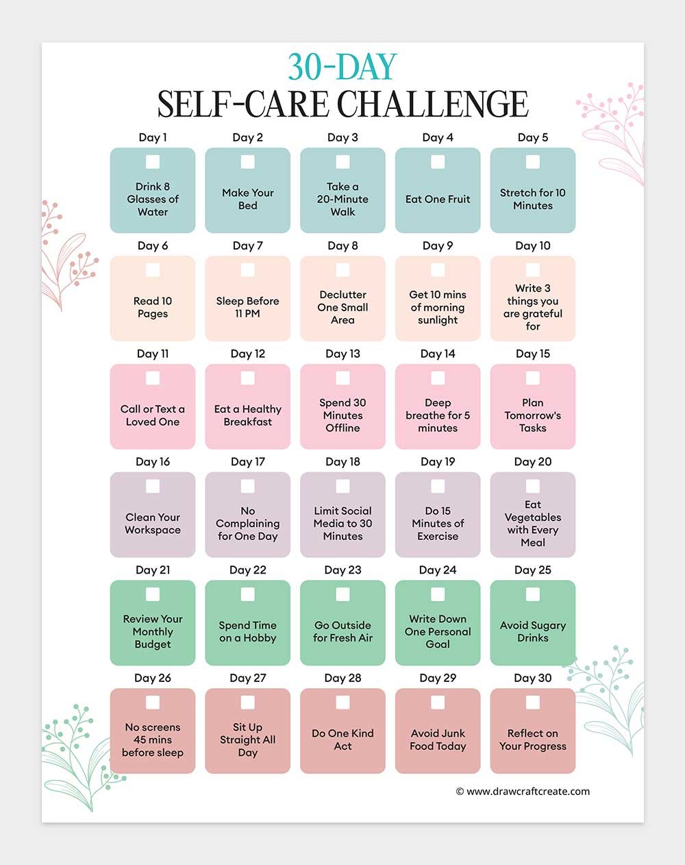 30 day self care challenge printable