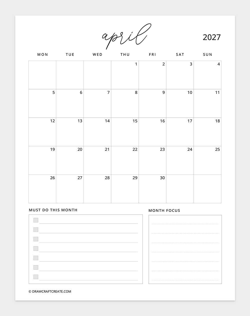 january 2027 calendar vertical with note monday start