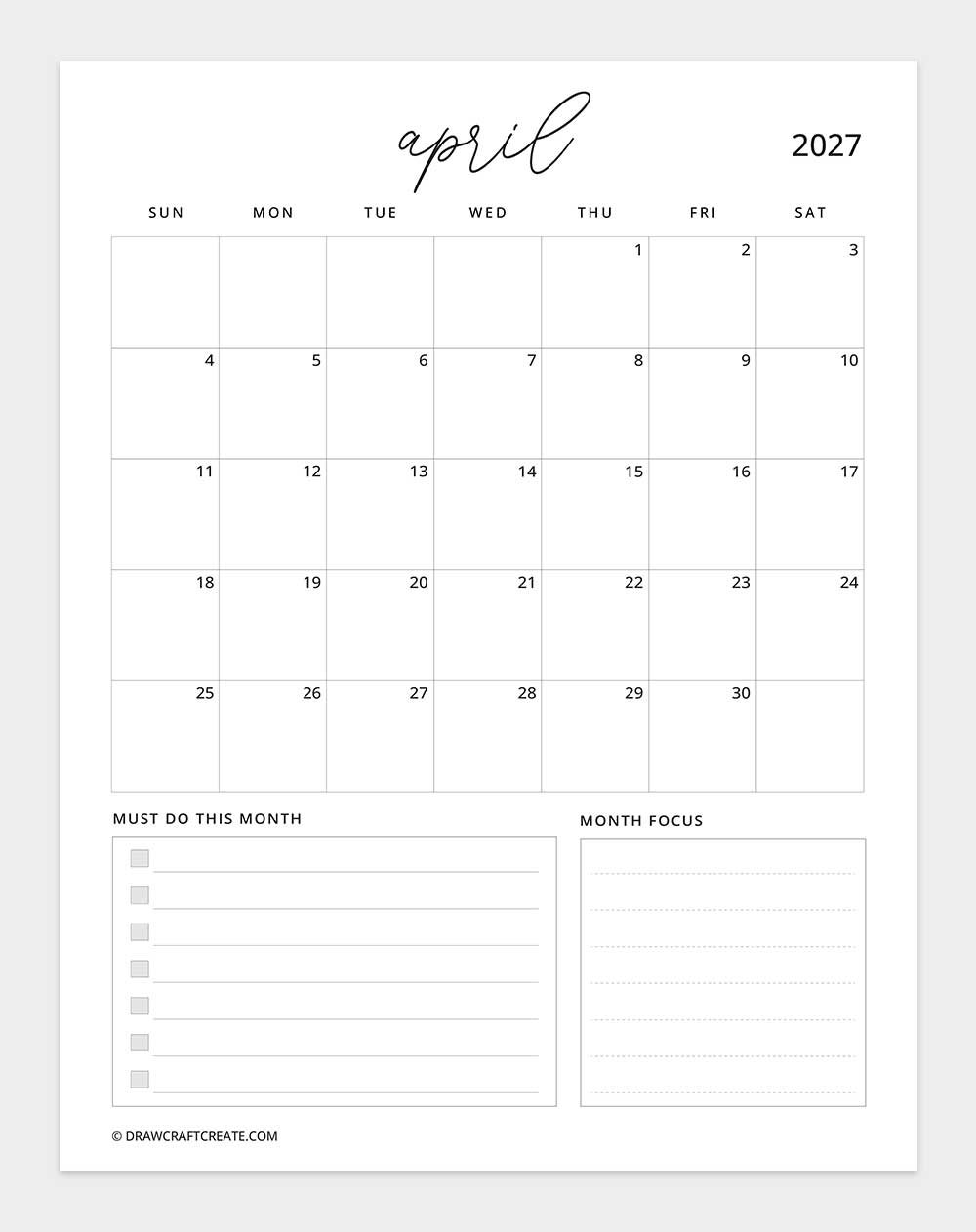 april 2027 calendar vertical with note sunday start