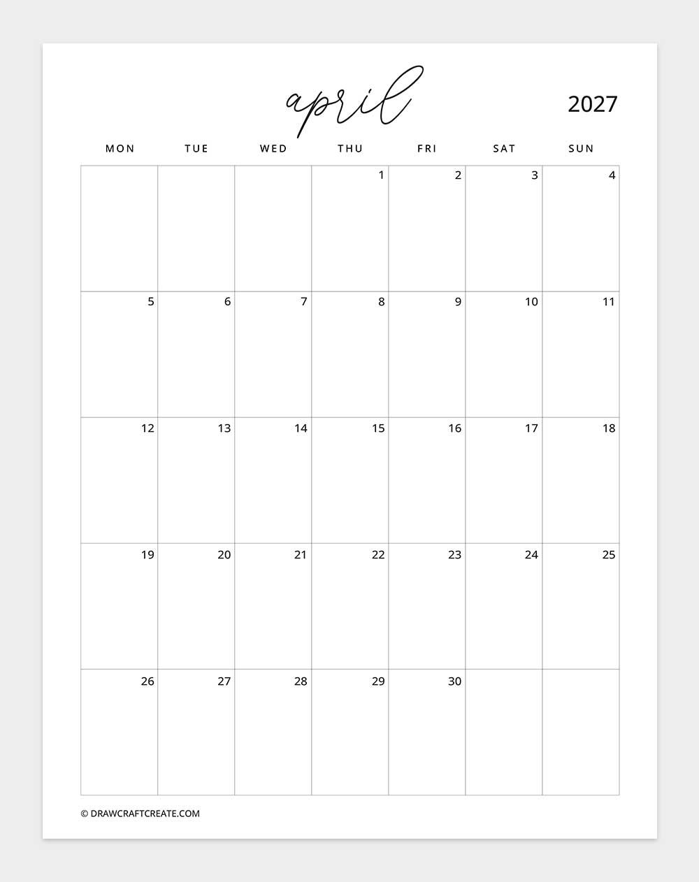 march 2027 calendar vertical without note monday start