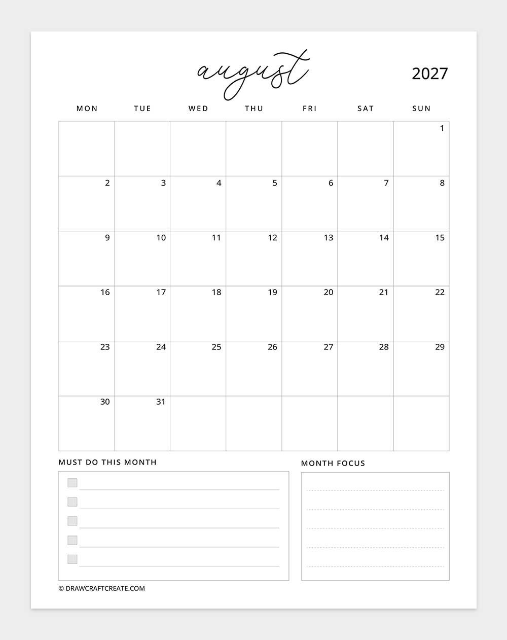 january 2027 calendar vertical with note monday start
