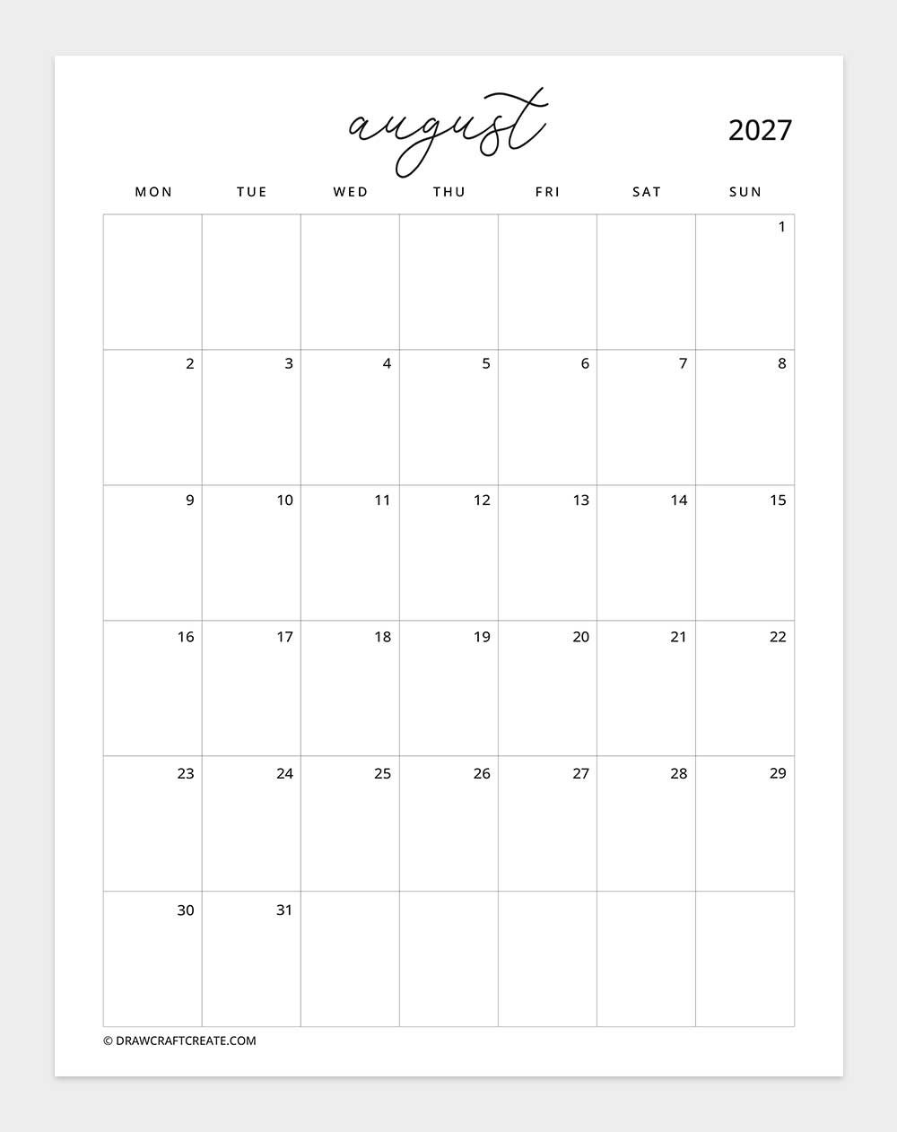 march 2027 calendar vertical without note monday start