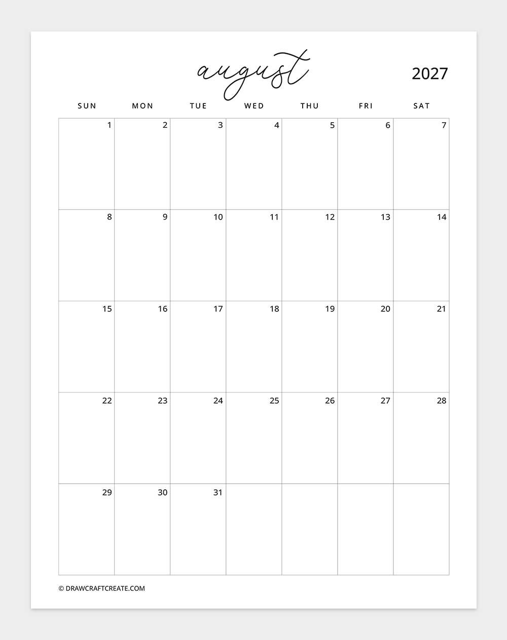 february 2027 calendar vertical without note sunday start