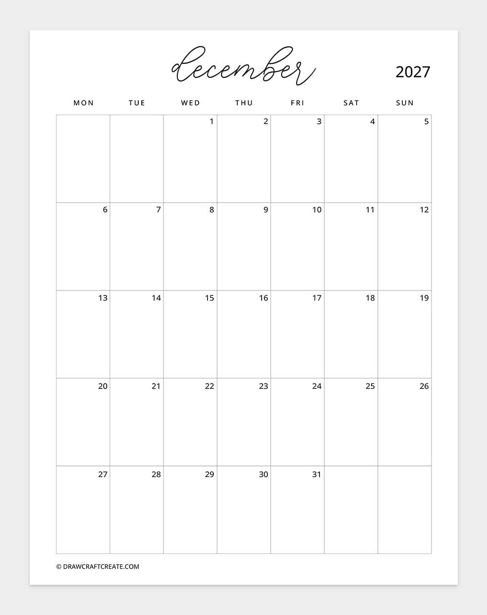march 2027 calendar vertical without note monday start