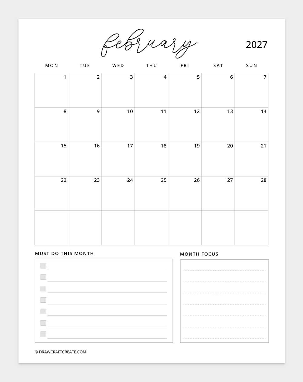 january 2027 calendar vertical with note monday start