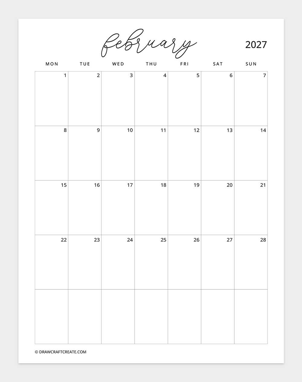 march 2027 calendar vertical without note monday start