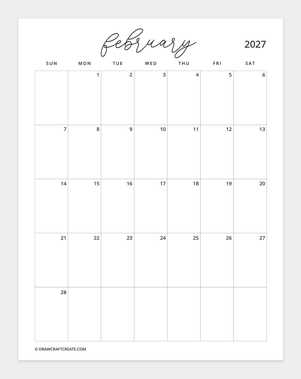 february 2027 calendar vertical without note sunday start