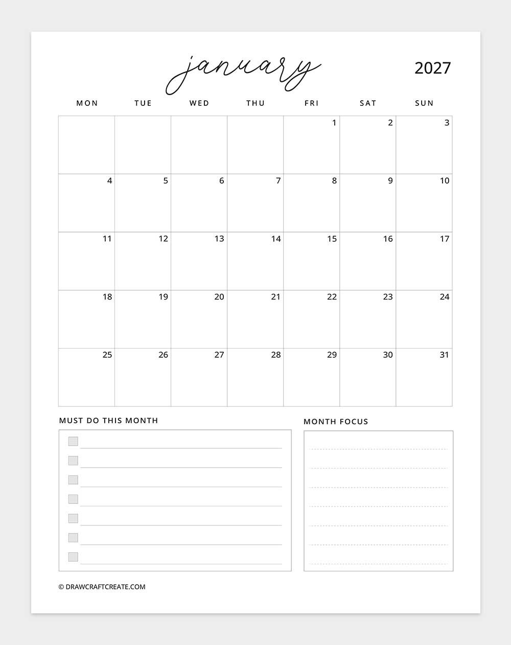 january 2027 calendar vertical with note monday start