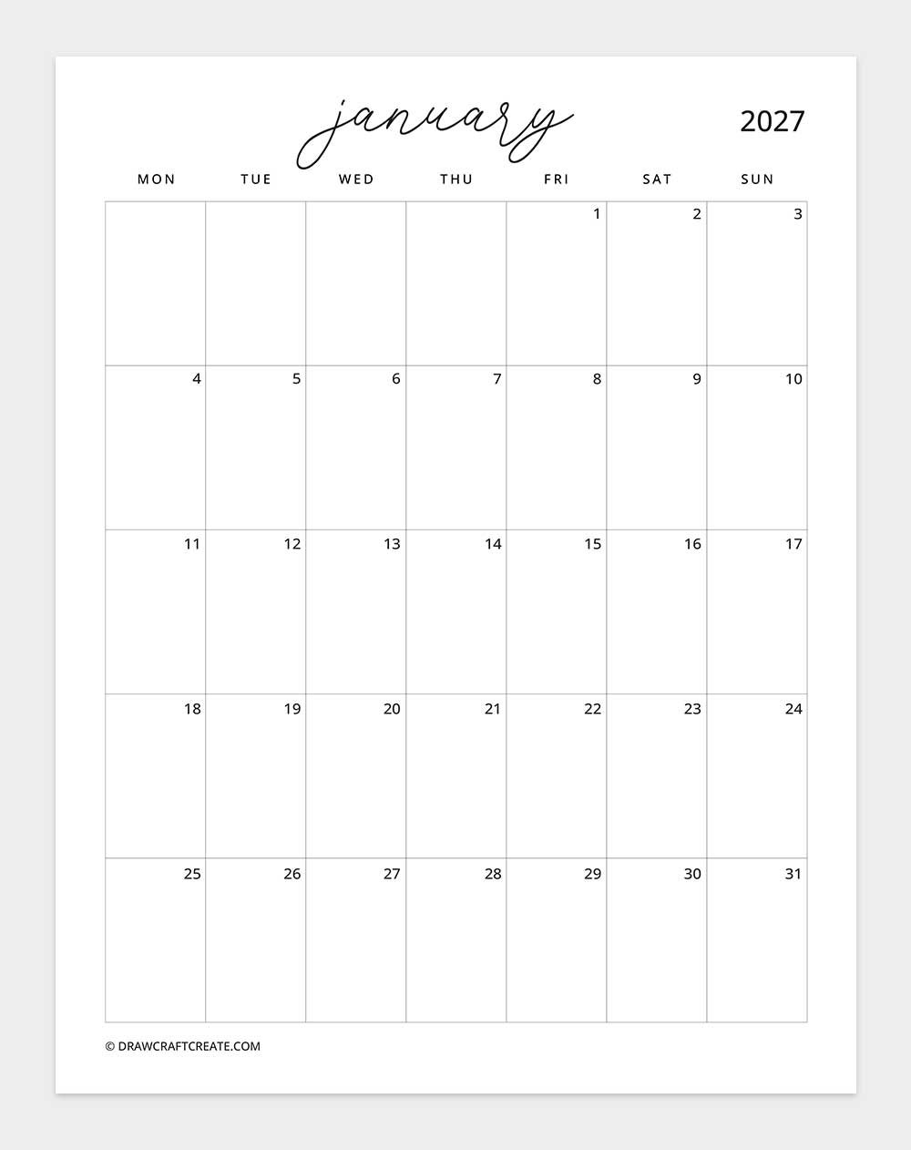 march 2027 calendar vertical without note monday start