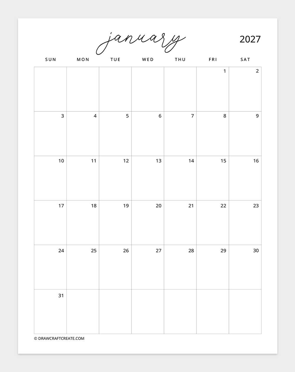 february 2027 calendar vertical without note sunday start