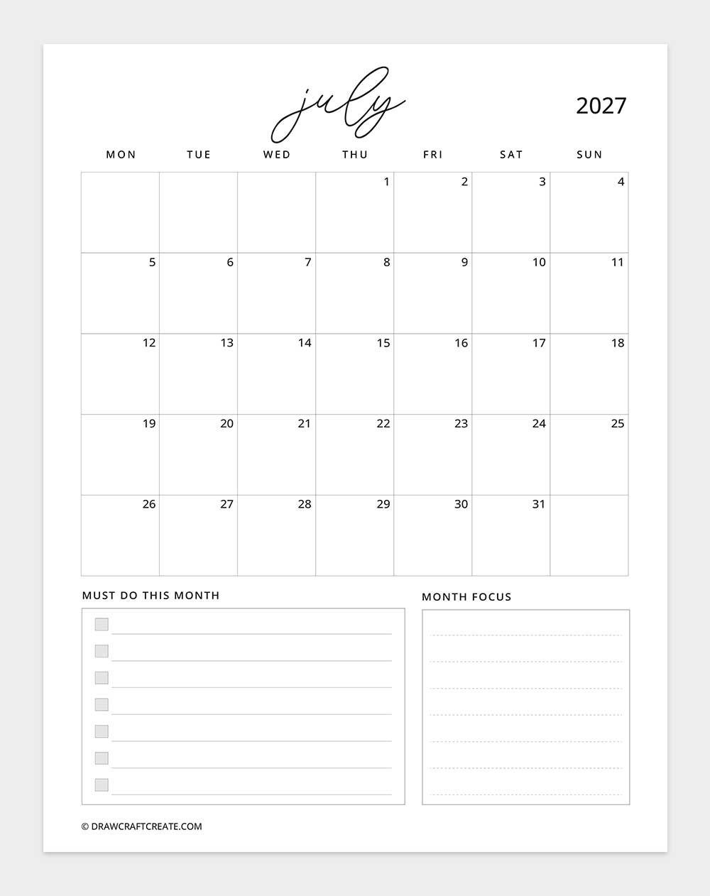 january 2027 calendar vertical with note monday start